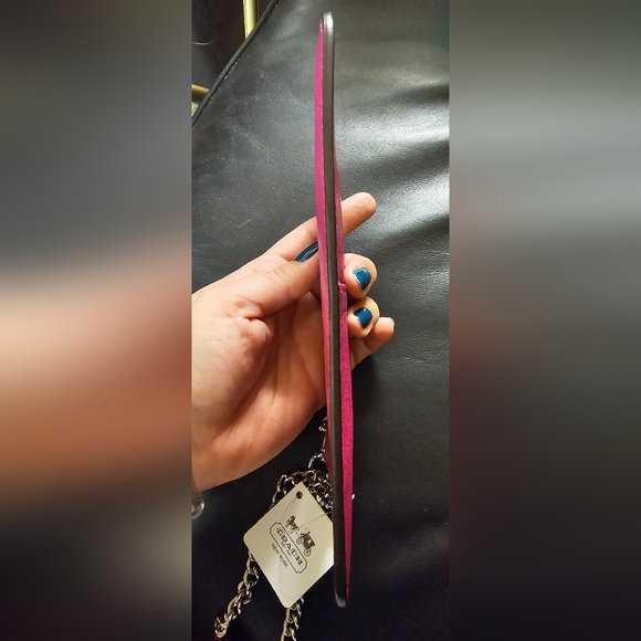 Coach Magenta Leather Slim Wristlet Clutch with silver chain New with Tags - Picture 11 of 14